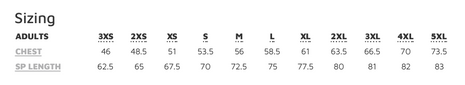 A sizing chart for adults showing chest and SP length measurements for sizes 3XS to 5XL. Chest ranges from 46 to 73.5, and SP length ranges from 62.5 to 83.