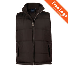The Winning Spirit Unisex Everest Heavy Vest in black features a front zipper and two side pockets. An orange banner displays "Free Logo 1 Front Digital Logo"—ideal for custom logo uniforms or branded workwear.