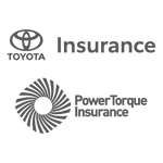 Logos for Toyota Insurance and PowerTorque Insurance. The Toyota logo is above the word Insurance. Below is a circular, swirled design next to the words PowerTorque Insurance.