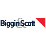 Biggin & Scott logo with black and grey text, an ampersand, and a red triangle in the top right corner on a light gray background.