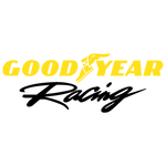 Goodyear Racing logo with Goodyear in bold yellow uppercase letters, featuring a winged foot graphic, and Racing in a stylized black script beneath.