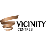 Vicinity Centres logo featuring a bronze, spiral ribbon design to the left and the words VICINITY CENTRES in black uppercase letters on white—perfect for showcasing personalised uniforms for small businesses in your print-on-demand uniform programme.