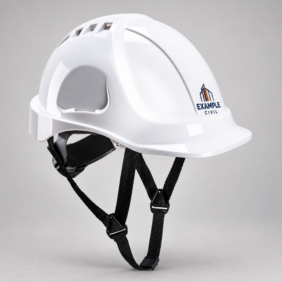 White Portwest PS55 safety helmet with an example full-colour front logo and black four-point chin strap on a grey studio background