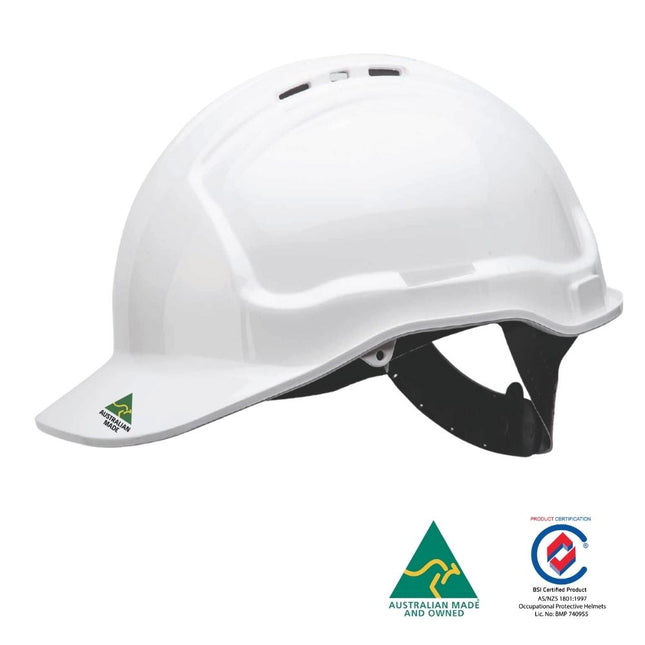 A white hard hat with a black adjustable chin strap, shown from a three-quarters angle on a white background. It features an Australian Made logo on the brim and certification logos at the bottom.