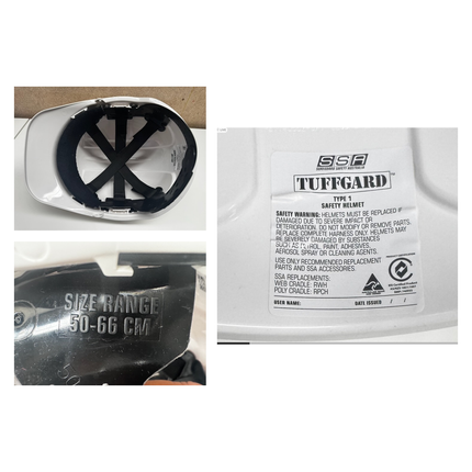 A split image showing a white hard hat with a black interior and chin strap, alongside a close-up of the Tuff-Gard safety helmet label by SSA.