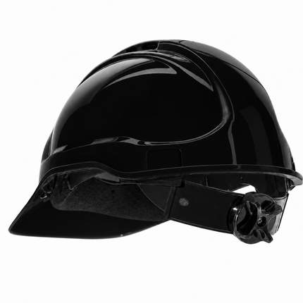 A glossy black hard hat with an attached visor and an adjustable chin strap, shown from a side profile on a white background.