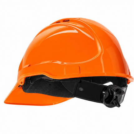 A bright orange hard hat with a built-in visor and a black adjustable chin strap, shown from a side profile on a white background.