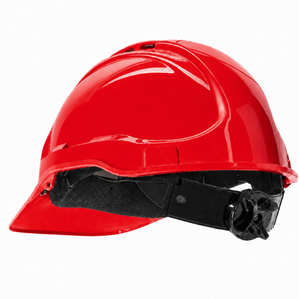 A glossy red construction hard hat with a black adjustable chin strap and visor, shown from a side profile on a white background.