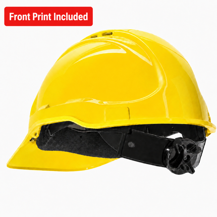 A bright yellow hard hat with a black adjustable chin strap and a red 'Front Print Included' label in the top left corner, shown on a plain white background.
