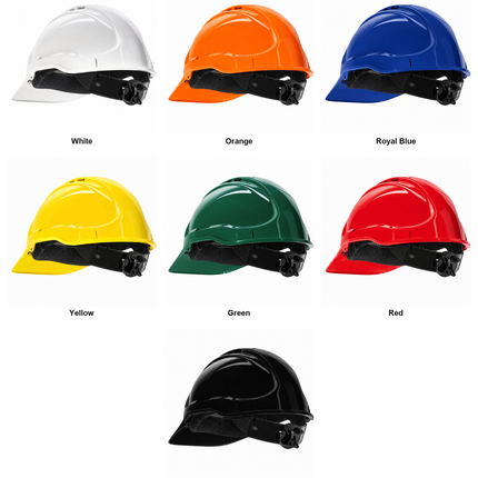Seven hard hats in different colors are shown on a white background, each labeled with its color name: White, Orange, Royal Blue, Yellow, Green, Red, and Black.