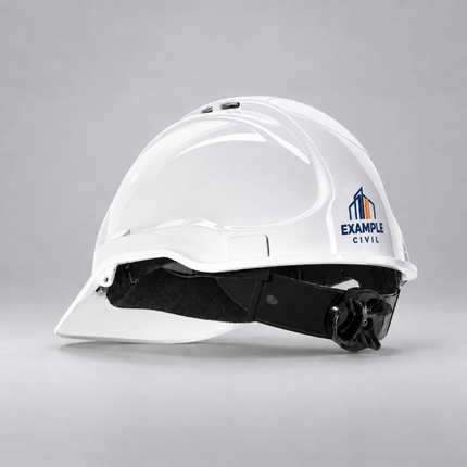 White Suregard TG57RH ratchet hard hat with an example full-colour logo on the rear shell above the adjustment dial, shown on a grey studio background
