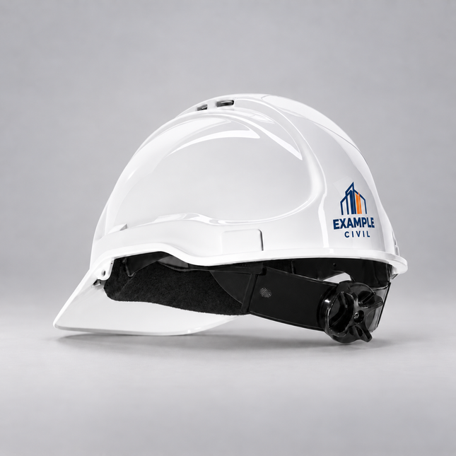 White Suregard TG57RH ratchet hard hat with an example full-colour logo on the rear shell above the adjustment dial, shown on a grey studio background
