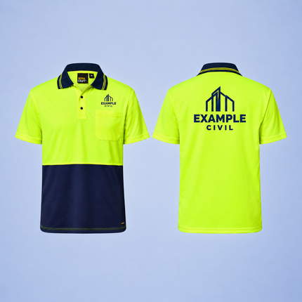 Workcraft WSP208 yellow and navy short-sleeve hi-vis polo, front and back screen-print illustration showing a small navy EXAMPLE CIVIL logo above the left chest pocket and a larger matching one-colour print on the solid hi-vis upper back, on a grey background.