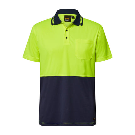 Workcraft WSP208 yellow and navy short sleeve hi-vis micromesh polo, unbranded front view showing the left chest pocket, navy lower front panel and double-stripe navy collar on a white background.