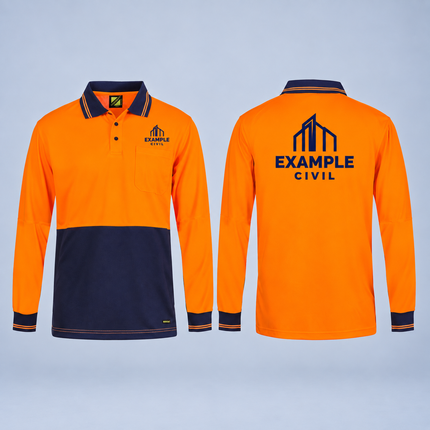 Workcraft WSP209 orange and navy long-sleeve hi-vis polo, front and back screen-print illustration showing a small navy EXAMPLE CIVIL logo above the left chest pocket and a larger matching one-colour print on the solid hi-vis upper back, on a grey background.