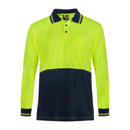 Workcraft WSP209 yellow and navy long sleeve hi-vis micromesh polo, unbranded front view showing the left chest pocket, navy lower front panel and double-stripe navy collar, with matching double-stripe knitted cuffs on a white background.
