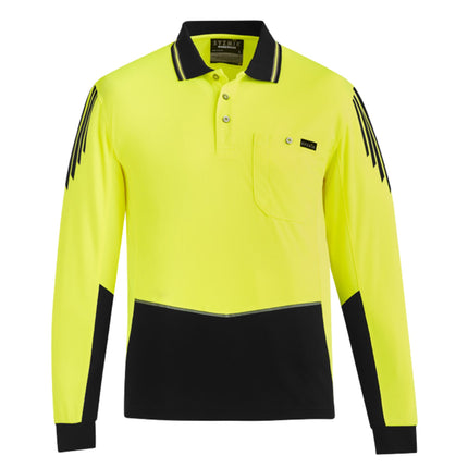 A neon yellow and black long-sleeve polo shirt. It features black stripes on the shoulders/sleeves, a pocket, and a black collar with gray and yellow stripes.