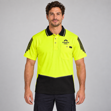 Model wearing a Syzmik ZH315 yellow/black short sleeve hi vis polo with illustrative EXAMPLE CIVIL embroidery above the wearer-left chest pocket, on a soft grey studio background