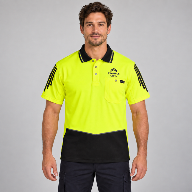 Model wearing a Syzmik ZH315 yellow/black short sleeve hi vis polo with illustrative EXAMPLE CIVIL embroidery above the wearer-left chest pocket, on a soft grey studio background