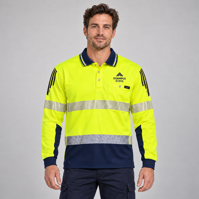 Model wearing a Syzmik ZH550 yellow/navy long sleeve segmented reflective tape hi vis polo with illustrative EXAMPLE CIVIL embroidery above the wearer-left chest pocket, on a soft grey studio background