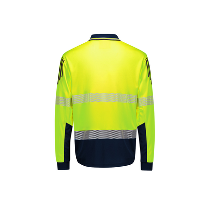 Syzmik ZH550 yellow/navy long sleeve segmented reflective tape hi vis polo, back view