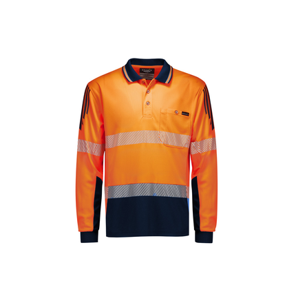 Syzmik ZH550 orange/navy long sleeve segmented reflective tape hi vis polo, front view