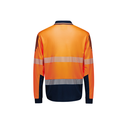 Syzmik ZH550 orange/navy long sleeve segmented reflective tape hi vis polo, back view