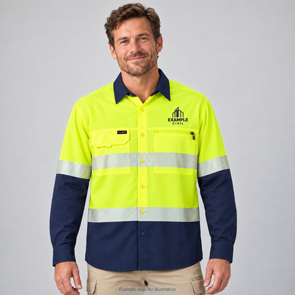 ZW470 Yellow/Navy front view, Syzmik Hi-Vis Outdoor Segmented Tape Long Sleeve Shirt with example left-chest embroidery above the pocket