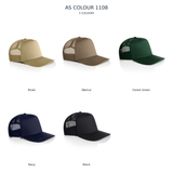 AS Colour 1108 cap colour chart: Khaki, Walnut, Forest Green, Navy and Black, using original product photographs