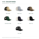 AS Colour 1110 Trucker Cap colour chart showing all 7 current colour combinations
