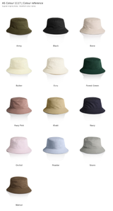 AS Colour 1117 bucket hat colour chart showing 13 storefront colours using original supplier photographs
