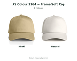 AS Colour 1164 Frame Soft Cap colour chart: Khaki and Natural, using original product photographs