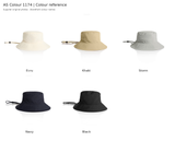AS Colour 1174 bucket hat colour chart showing 5 storefront colours using original supplier photographs