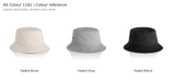 AS Colour 1181 bucket hat colour chart showing 3 storefront colours using original supplier photographs