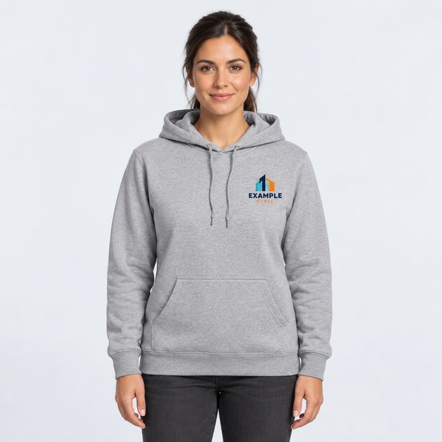 Model wearing AS Colour Women’s Stencil Hood 4102 in Grey Marle with an illustrative full-colour EXAMPLE CIVIL left-chest digital print, against a light cool-grey studio background.