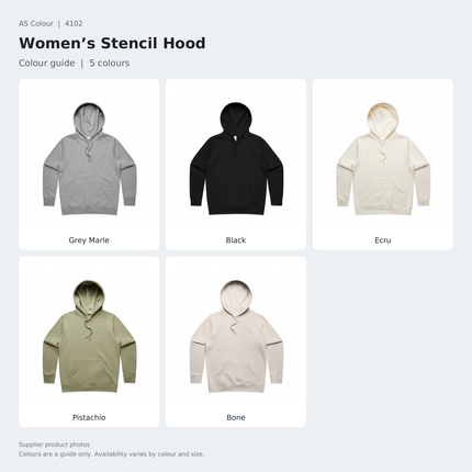 AS Colour Women’s Stencil Hood 4102 colour guide showing Grey Marle, Black, Ecru, Pistachio, Bone