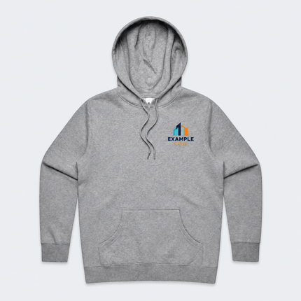 AS Colour Women’s Stencil Hood 4102 in Grey Marle, front view with an illustrative full-colour EXAMPLE CIVIL left-chest digital print on a cool grey background