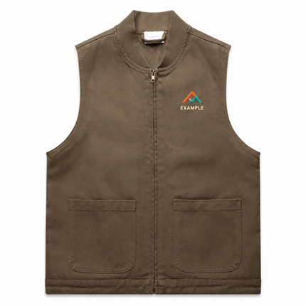 AS Colour Women's Heavy Canvas Vest in its original garment colour, with an illustrative EXAMPLE embroidered logo on the front chest. Logo example only; front embroidery only.