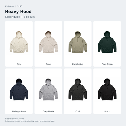 AS Colour Heavy Hood 5146 colour guide showing Ecru, Bone, Eucalyptus, Pine Green, Midnight Blue, Grey Marle, Coal, Black