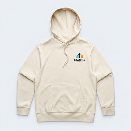 AS Colour Heavy Hood 5146 in Ecru, front view with an illustrative full-colour EXAMPLE CIVIL left-chest digital print on a cool grey background