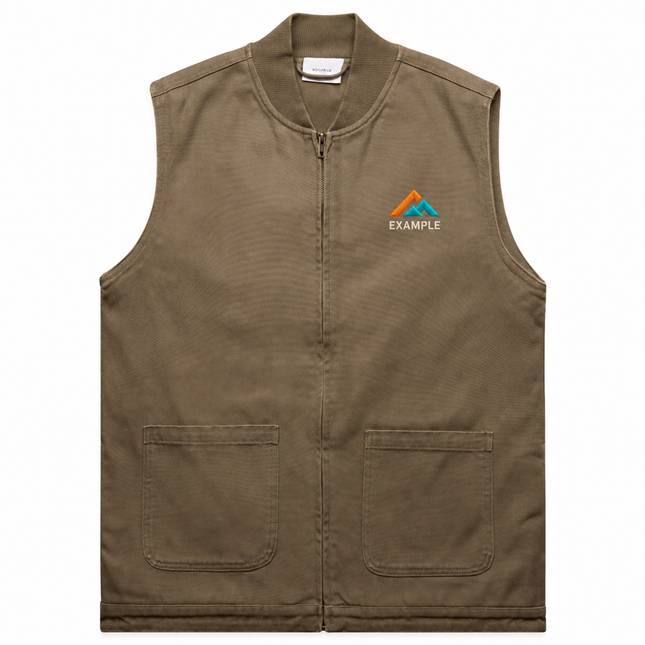 AS Colour Men's Heavy Canvas Vest in its original garment colour, with an illustrative EXAMPLE embroidered logo on the front chest. Logo example only; front embroidery only.