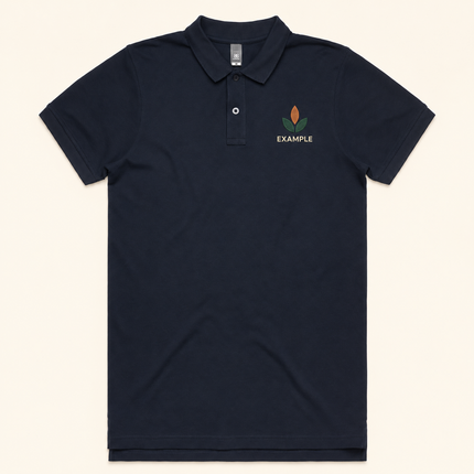 AS Colour Pique Polo 5411 in its original navy colour, with an illustrative EXAMPLE logo embroidered on the front chest; original collar, two-button placket and garment construction preserved.
