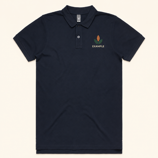 AS Colour Pique Polo 5411 in its original navy colour, with an illustrative EXAMPLE logo embroidered on the front chest; original collar, two-button placket and garment construction preserved.