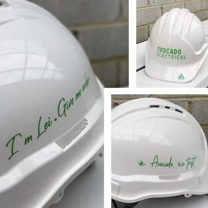 A collage of three photos showing a white hard hat with custom green text, featuring the phrases "I'm Lei. Give me order" on the side, "AVOCADO ELECTRICAL" on the front, and "in Avocado, we trust" on the back.