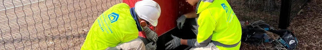 Two workers in high-visibility yellow vests and white hard hats are kneeling outdoors next to a red fire hydrant box, working on the lower access opening. The scene is set on a mulch-covered ground near a fence and trees.