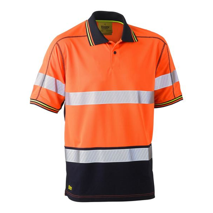 Bisley BK1219T orange/navy short sleeve hi vis polo, front view with reflective hoop tape