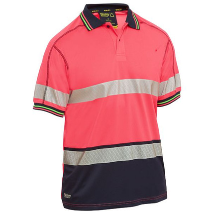 Bisley BK1219T pink/navy short sleeve hi vis polo, front view with reflective hoop tape