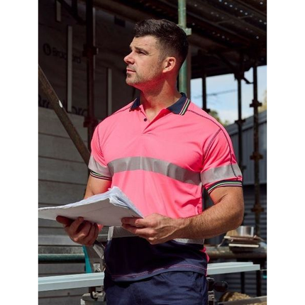 Model wearing the Bisley BK1219T pink/navy short sleeve hi vis taped polo