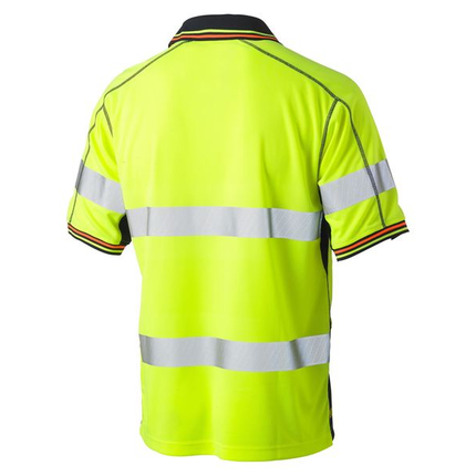 Bisley BK1219T yellow hi vis polo back with two reflective tape bands and navy collar