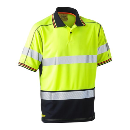 Bisley BK1219T yellow/navy short sleeve hi vis polo, front view with reflective hoop tape